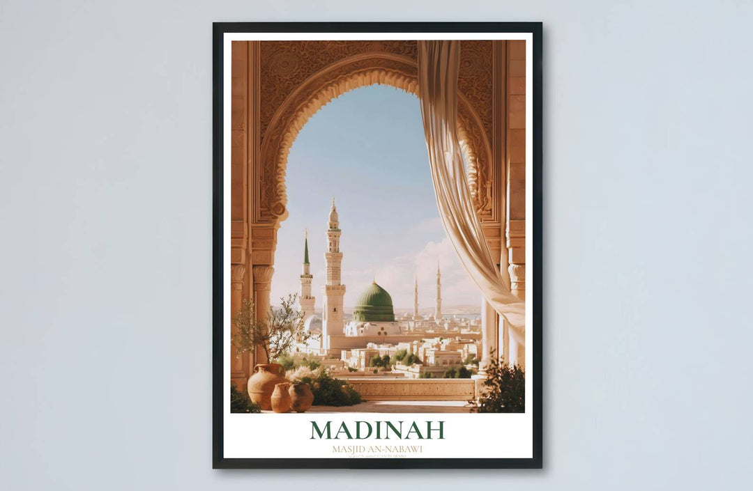 Shaded terrace view art print of the Prophet Mosque in Madinah showcasing ceramic urns and soft drapes framing the sky. Made by MapYourDreams, this artwork is available in flexible options including unframed paper, custom wooden frames, and gallery canvas wraps for living space wall art.
