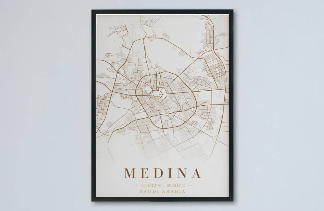 Minimalist map art print of Medina Saudi Arabia showcasing refined bronze line art and elegant alabaster background contrast. Made by MapYourDreams, this artwork is available in flexible options including unframed paper, custom wooden frames, and gallery canvas wraps for living space wall art.