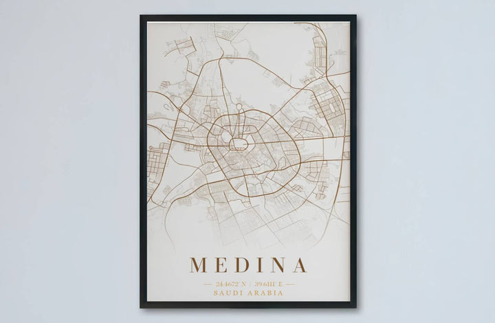 Minimalist map art print of Medina Saudi Arabia showcasing refined bronze line art and elegant alabaster background contrast. Made by MapYourDreams, this artwork is available in flexible options including unframed paper, custom wooden frames, and gallery canvas wraps for living space wall art.