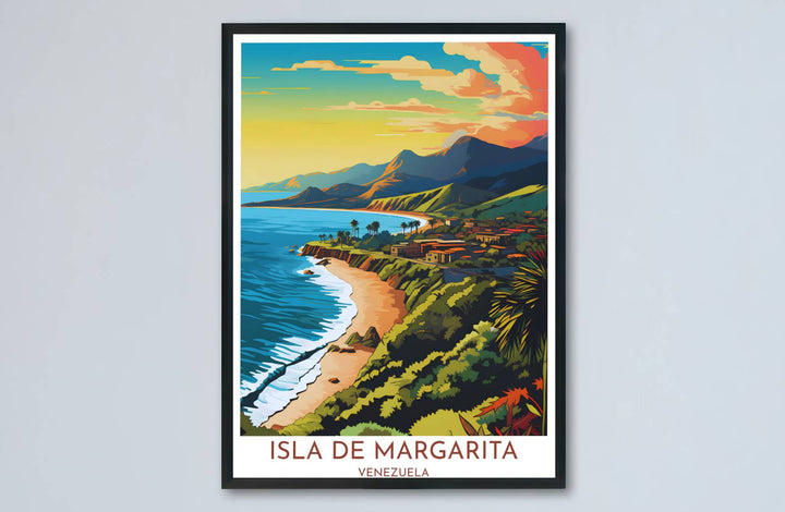 Architectural beach town and coastal mountain landscape print showing mid-century color gradients in Venezuela. Designed by MapYourDreams to suit modern interiors, this piece comes in versatile choices like unframed paper, solid wood frames, and gallery canvas formats.