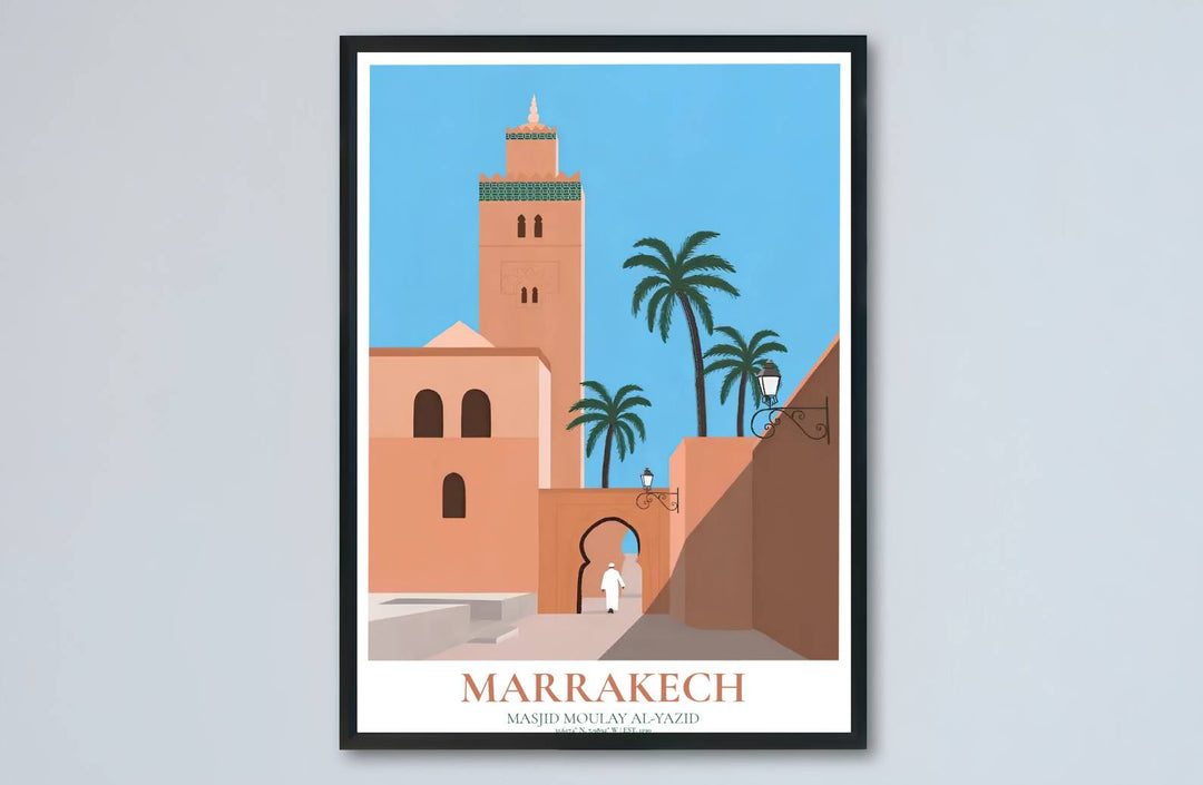 Landscape vector art print of Kasbah Mosque in Marrakech showcasing palm tree framing and warm terracotta wall blocks. Made by MapYourDreams, this artwork is available in flexible options including unframed paper, custom wooden frames, and gallery canvas wraps for living space wall art.