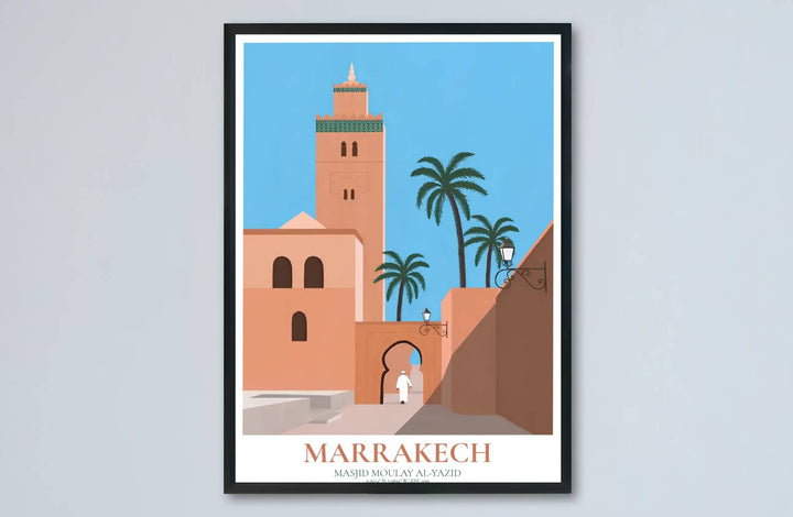 Landscape vector art print of Kasbah Mosque in Marrakech showcasing palm tree framing and warm terracotta wall blocks. Made by MapYourDreams, this artwork is available in flexible options including unframed paper, custom wooden frames, and gallery canvas wraps for living space wall art.