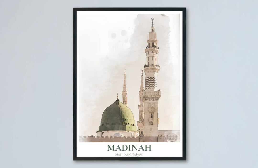 Landscape watercolor art print of the Prophet Mosque in Medina showcasing delicate paint splatters and airy negative space. Made by MapYourDreams, this artwork is available in flexible options including unframed paper, custom wooden frames, and gallery canvas wraps for living space wall art.