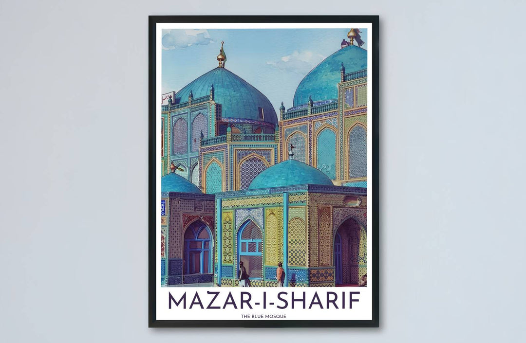 Central Asian travel art print of the Blue Mosque in Mazar-i-Sharif showcasing detailed tile patterns and courtyard figures. Made by MapYourDreams, this artwork is available in flexible options including unframed paper, custom wooden frames, and gallery canvas wraps for living space wall art.