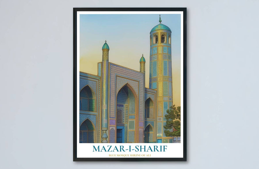 Central Asian travel art print of the Blue Mosque in Mazar-i-Sharif showcasing intricate zellige tile patterns and minaret views. Made by MapYourDreams, this artwork is available in flexible options including unframed paper, custom wooden frames, and gallery canvas wraps for living space wall art.