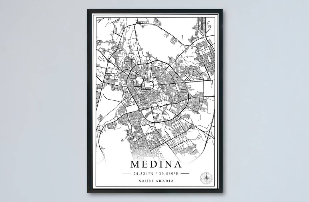 Minimalist map art print of Medina Saudi Arabia showcasing refined black line art and elegant white background contrast. Made by MapYourDreams, this artwork is available in flexible options including unframed paper, custom wooden frames, and gallery canvas wraps for living space wall art.