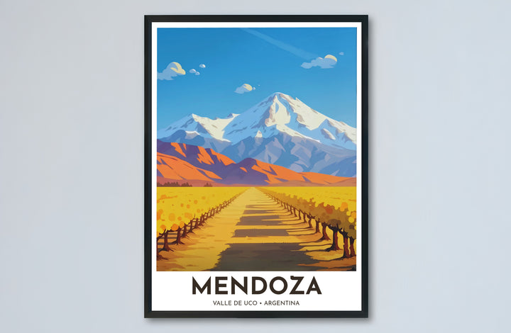 Architectural vineyard pathway and mountain print showing the vast scale of the Valle de Uco landscape in Mendoza. Designed by MapYourDreams to suit modern interiors, this piece comes in versatile choices like unframed paper, solid wood frames, and gallery canvas formats.
