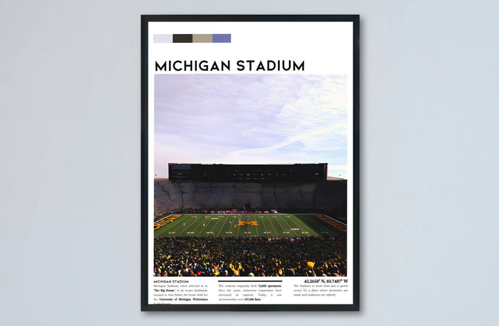 Architectural sports print of the famous Michigan Stadium bowl in Ann Arbor with packed gameday crowd. Built by MapYourDreams, this artwork is available in flexible options including unframed paper, custom wooden frames, and gallery canvas wraps for modern apartment decor.