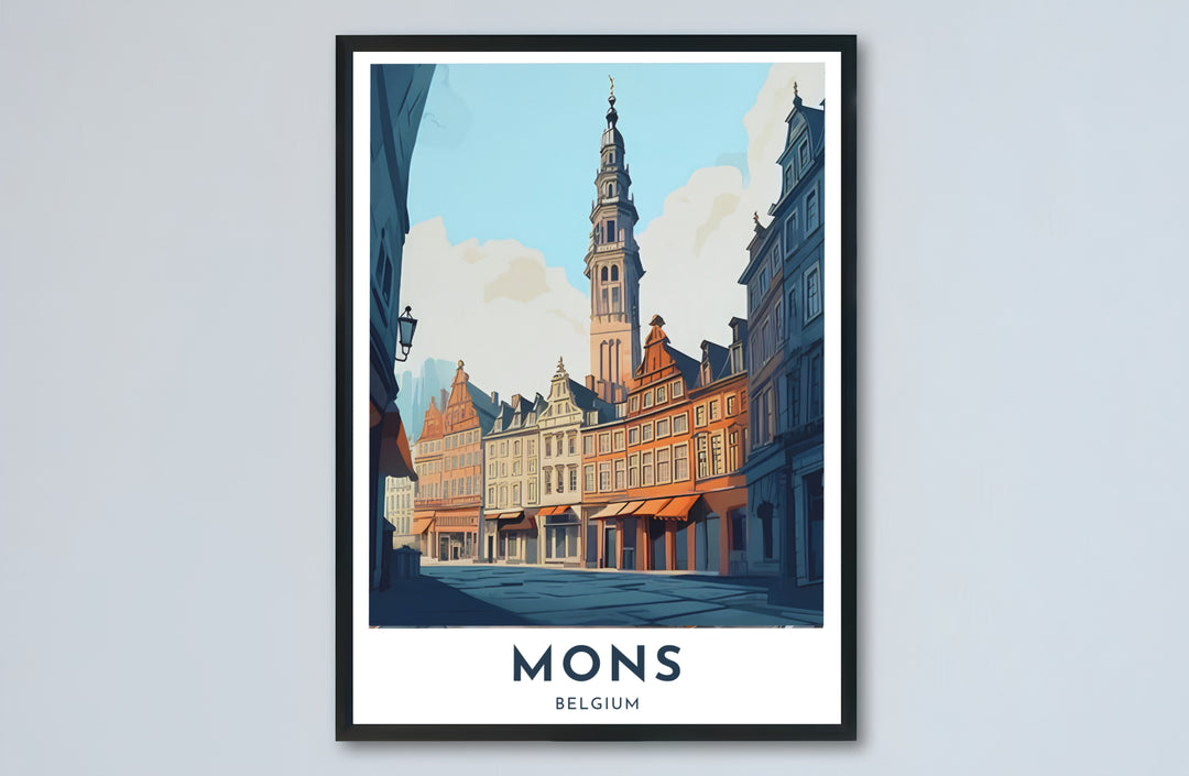 Warm tone architectural artwork displaying the historic town center and famous belfry tower of Mons, Belgium. Choose from versatile formats including budget-friendly unframed paper, solid wood framed finishes, and gallery canvas wall art.