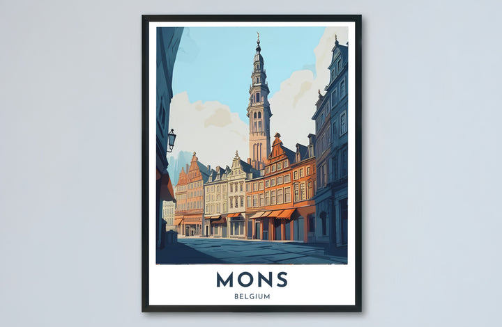 Warm tone architectural artwork displaying the historic town center and famous belfry tower of Mons, Belgium. Choose from versatile formats including budget-friendly unframed paper, solid wood framed finishes, and gallery canvas wall art.