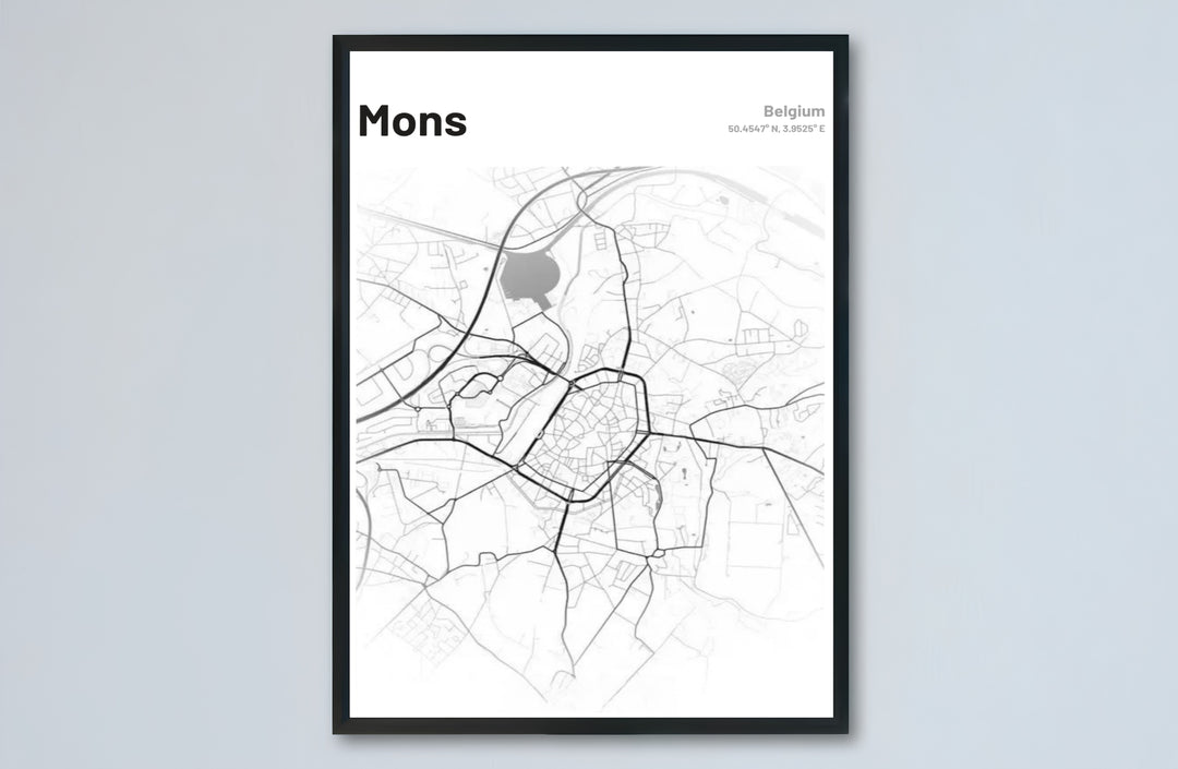 Sophisticated street grid poster of Mons, Belgium, displaying accurate spatial planning and bold urban typography at the top. Offered by MapYourDreams, this artwork is available in flexible options including unframed paper, custom wooden frames, and gallery canvas wraps.