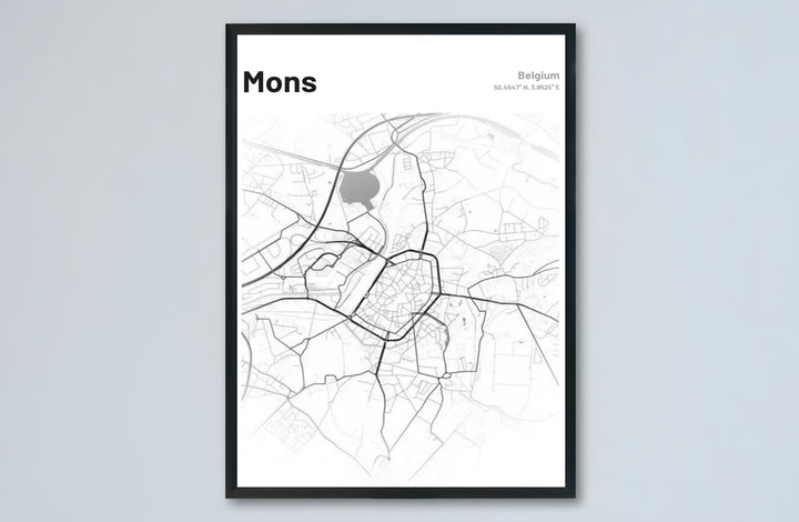Sophisticated street grid poster of Mons, Belgium, displaying accurate spatial planning and bold urban typography at the top. Offered by MapYourDreams, this artwork is available in flexible options including unframed paper, custom wooden frames, and gallery canvas wraps.