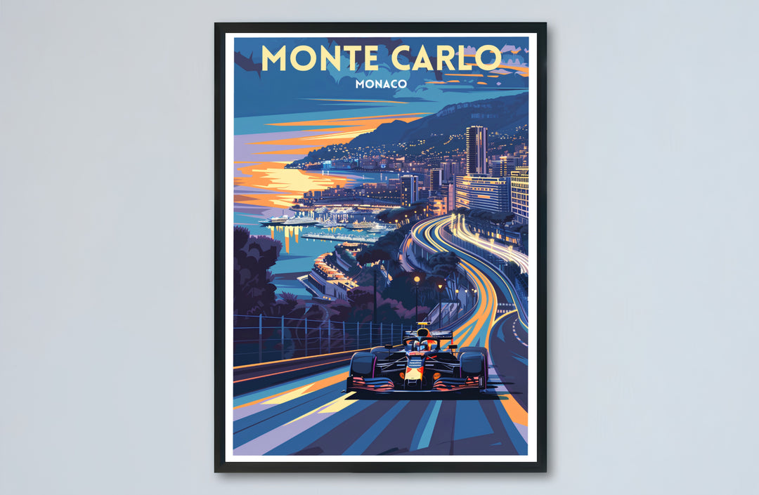 A dynamic sports illustration of the Monaco Grand Prix in Monte Carlo, highlighting a racing car roaring around a curve against a scenic harbor background at dusk; bring this speed-inspired artwork home as an unframed print, gallery-wrapped canvas, or framed wall poster.