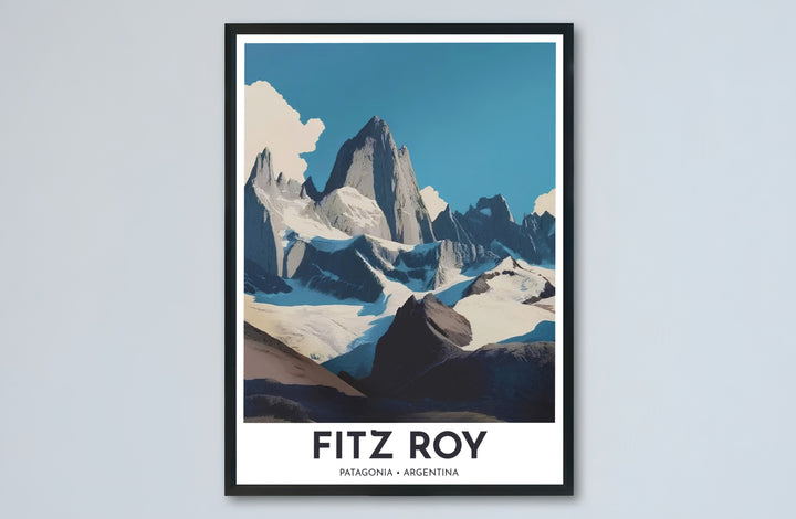 Architectural geometric mountain print showing the vast height and sheer cliffs of Mount Fitz Roy in Patagonia, Argentina. Designed by MapYourDreams to suit modern interiors, this piece comes in versatile choices like unframed paper, solid wood frames, and gallery canvas formats.