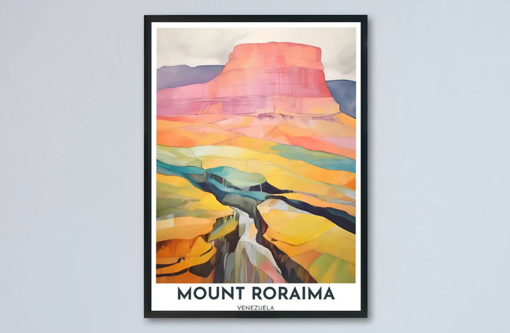 Architectural sandstone cliff and river gorge landscape print showing modern color block layering in Venezuela. Designed by MapYourDreams to suit modern interiors, this piece comes in versatile choices like unframed paper, solid wood frames, and gallery canvas formats.