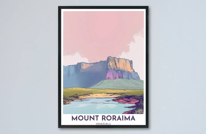 Architectural sandstone plateau and river gorge landscape print showing clean line work and soft pastel shading in Venezuela. Designed by MapYourDreams to suit modern interiors, this piece comes in versatile choices like unframed paper, solid wood frames, and gallery canvas formats.