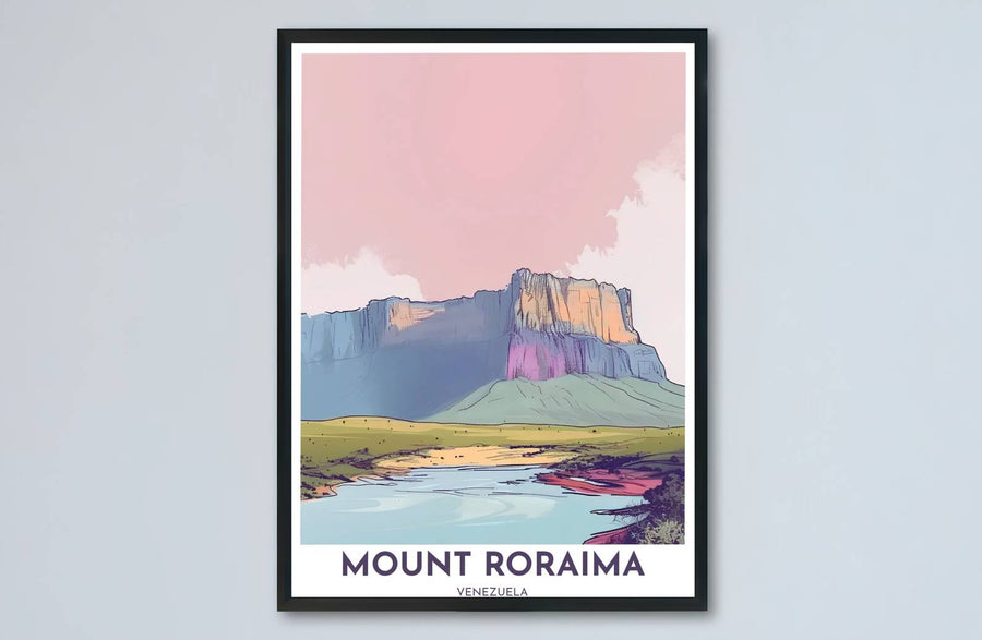 Architectural sandstone plateau and river gorge landscape print showing clean line work and soft pastel shading in Venezuela. Designed by MapYourDreams to suit modern interiors, this piece comes in versatile choices like unframed paper, solid wood frames, and gallery canvas formats.