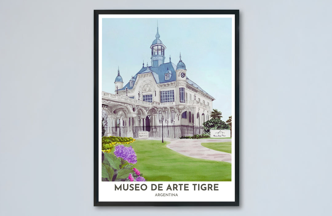Architectural fine art print showing the ornate Belle Époque facade and garden lawn of Museo de Arte Tigre in Argentina. Designed by MapYourDreams to suit modern interiors, this piece comes in versatile choices like unframed paper, solid wood frames, and gallery canvas formats.