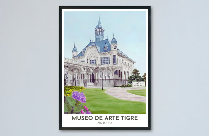 Architectural fine art print showing the ornate Belle Époque facade and garden lawn of Museo de Arte Tigre in Argentina. Designed by MapYourDreams to suit modern interiors, this piece comes in versatile choices like unframed paper, solid wood frames, and gallery canvas formats.
