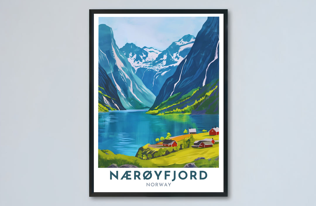 Artistic travel poster depicting the summer beauty of Nærøyfjord Norway with red cottages clustered along a green shoreline. Transform your entryway or office wall space with options ranging from unframed paper prints to sturdy framed posters and gallery stretched canvas setups.