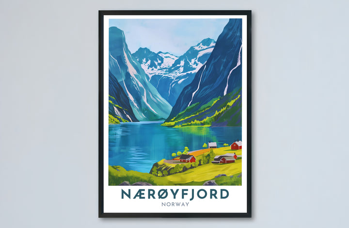 Artistic travel poster depicting the summer beauty of Nærøyfjord Norway with red cottages clustered along a green shoreline. Transform your entryway or office wall space with options ranging from unframed paper prints to sturdy framed posters and gallery stretched canvas setups.