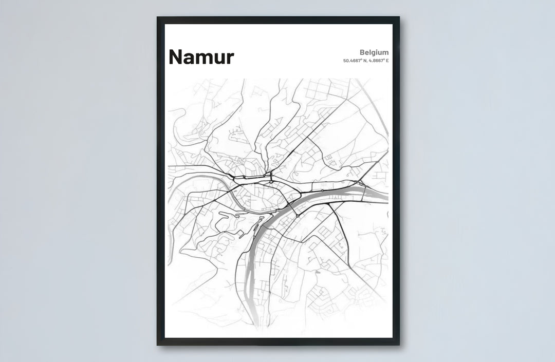 Sophisticated street grid poster of Namur, Belgium, displaying spatial planning and bold urban typography at the top of the print layout. Offered by MapYourDreams, this artwork is available in flexible options including unframed paper, custom wooden frames, and gallery canvas wraps.