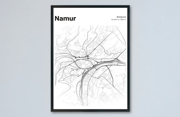Sophisticated street grid poster of Namur, Belgium, displaying spatial planning and bold urban typography at the top of the print layout. Offered by MapYourDreams, this artwork is available in flexible options including unframed paper, custom wooden frames, and gallery canvas wraps.