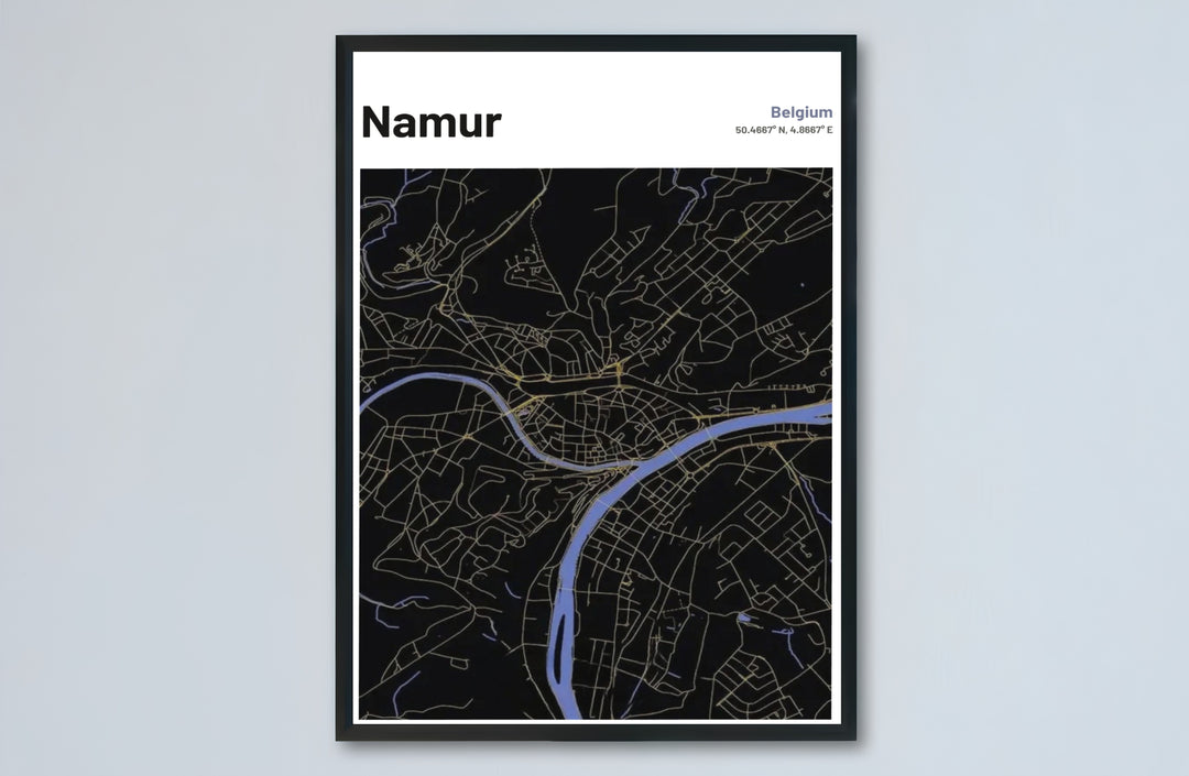 Sophisticated street grid poster of Namur, Belgium, showcasing elegant gold road networks on black with clean location header details. Offered by MapYourDreams, this artwork is available in flexible options including unframed paper, custom wooden frames, and gallery canvas wraps.