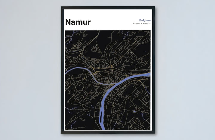 Sophisticated street grid poster of Namur, Belgium, showcasing elegant gold road networks on black with clean location header details. Offered by MapYourDreams, this artwork is available in flexible options including unframed paper, custom wooden frames, and gallery canvas wraps.