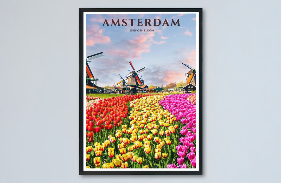 Netherlands Tulip Fields poster capturing vibrant spring flowers and traditional windmill architecture under pastel clouds, offered by MapYourDreams with catalog selections for an unframed matte paper poster, a durable gallery wrapped canvas, or a custom frame for hallway wall styling.