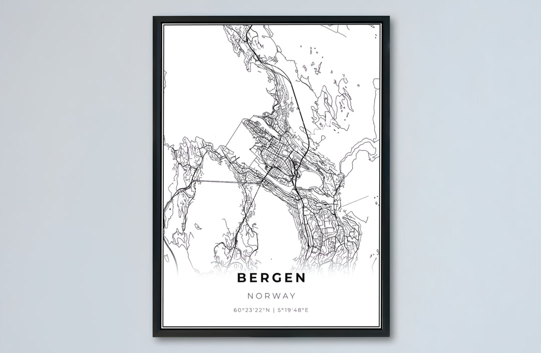 Modern cartography print depicting the full street grid of Bergen Norway with sleek geographic details and clean border framing. Transform your entryway or living room wall space with options ranging from unframed paper prints to sturdy framed posters and gallery stretched canvas setups.
