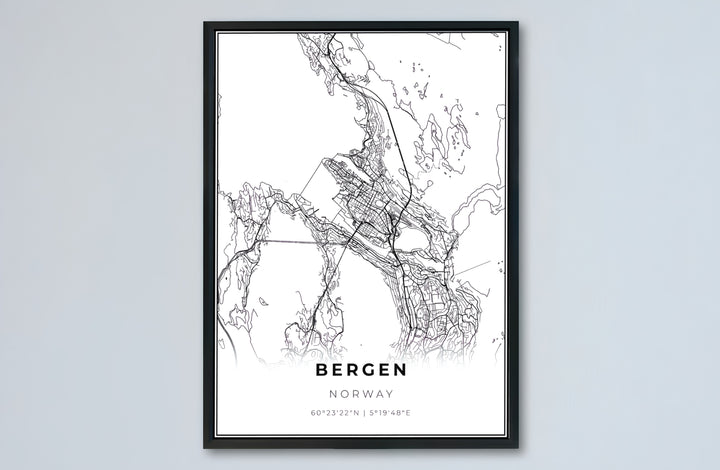 Modern cartography print depicting the full street grid of Bergen Norway with sleek geographic details and clean border framing. Transform your entryway or living room wall space with options ranging from unframed paper prints to sturdy framed posters and gallery stretched canvas setups.
