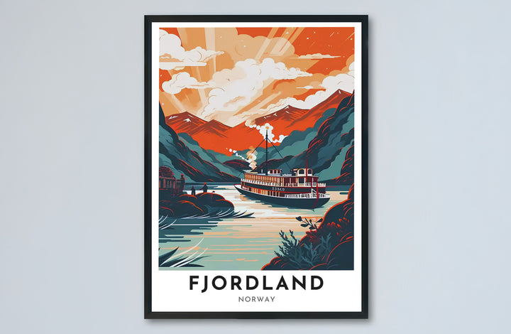 Warm graphic illustration of a steamboat sailing past steep Norwegian mountain cliffs during a brilliant sunset. Transform your entryway or living room wall space with options ranging from unframed paper prints to sturdy framed posters and gallery stretched canvas setups.