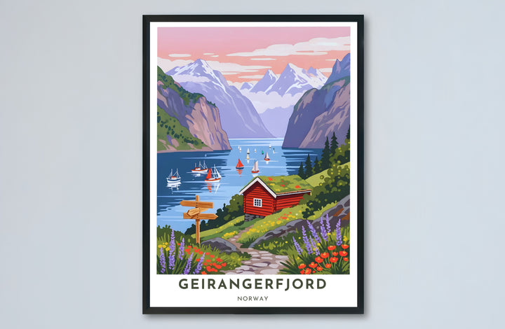 Warm scenic illustration of a red cabin perched on the hillsides of Geirangerfjord Norway as sailboats drift past during a calm evening. Transform your entryway or living room wall space with options ranging from unframed paper prints to sturdy framed posters and gallery stretched canvas setups.