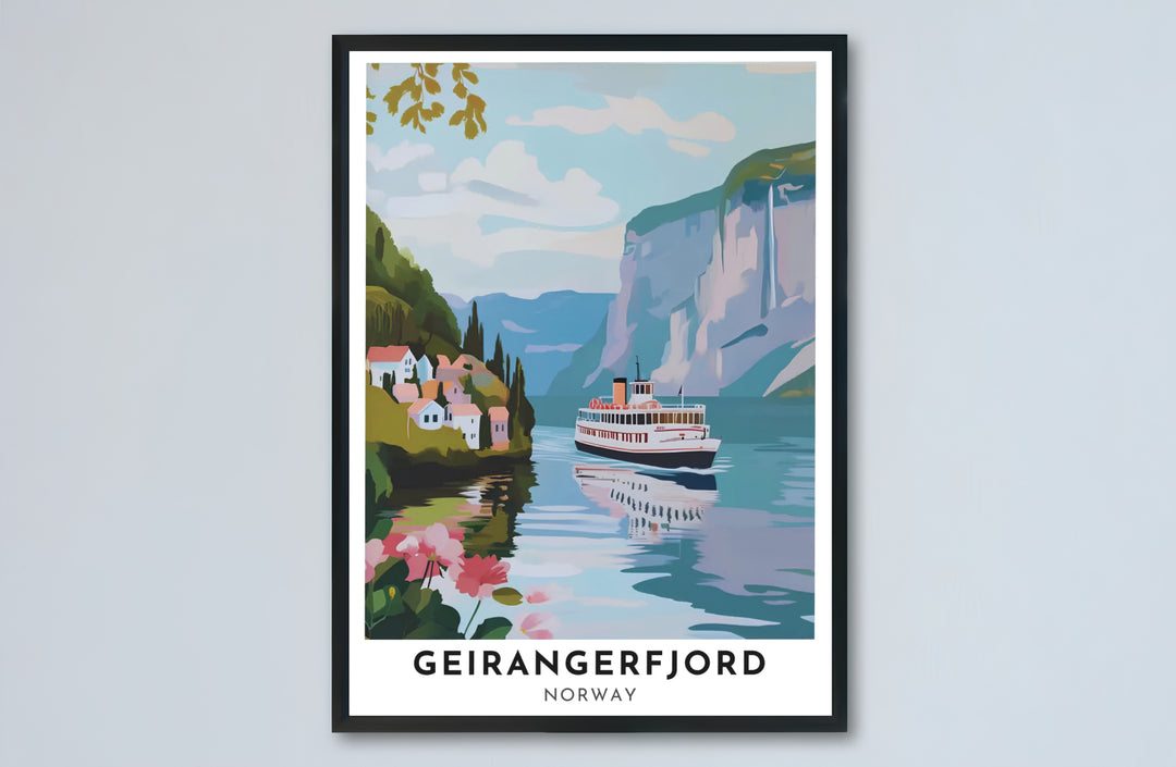 Serene Nordic travel illustration of Geirangerfjord Norway displaying a classic ferry ship, cascading waterfalls, and shore flowers. A great addition for travel lovers, this fine art poster arrives in flexible formats including sleek framed styles, archival unframed prints, and stretched canvas options.