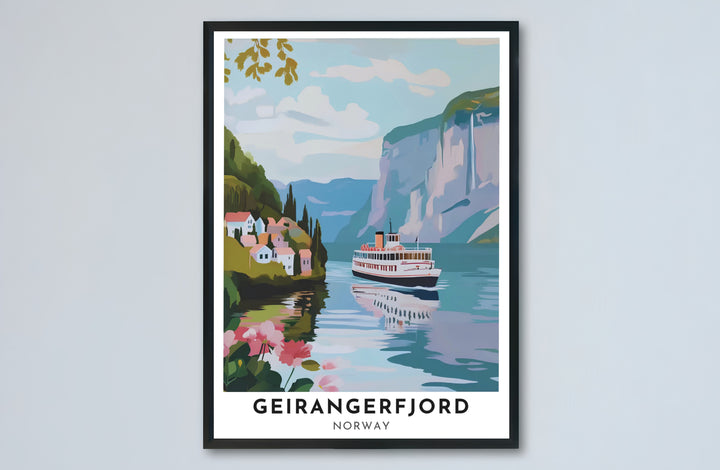 Serene Nordic travel illustration of Geirangerfjord Norway displaying a classic ferry ship, cascading waterfalls, and shore flowers. A great addition for travel lovers, this fine art poster arrives in flexible formats including sleek framed styles, archival unframed prints, and stretched canvas options.