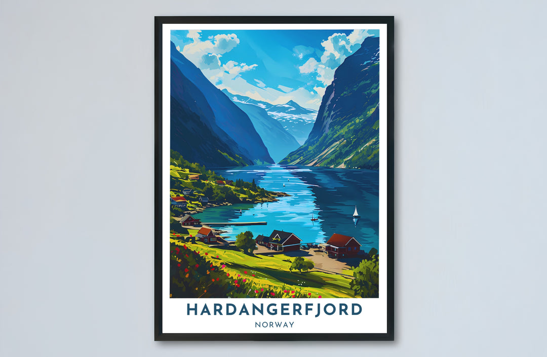 Serene Nordic travel illustration of Hardangerfjord Norway displaying a charming coastal settlement, steep cliffs, and summer sky. A great addition for travel lovers, this fine art poster arrives in flexible formats including sleek framed styles, archival unframed prints, and stretched canvas options.