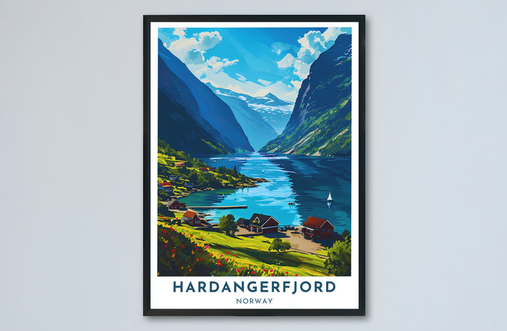 Serene Nordic travel illustration of Hardangerfjord Norway displaying a charming coastal settlement, steep cliffs, and summer sky. A great addition for travel lovers, this fine art poster arrives in flexible formats including sleek framed styles, archival unframed prints, and stretched canvas options.