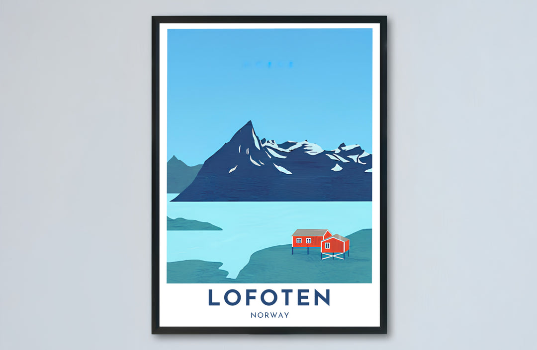 Minimalist scenic artwork of red stilt houses along Lofoten Norway set against cool blue mountain silhouettes. Transform your living space with options ranging from unframed paper prints to sturdy framed posters and gallery stretched canvas setups.