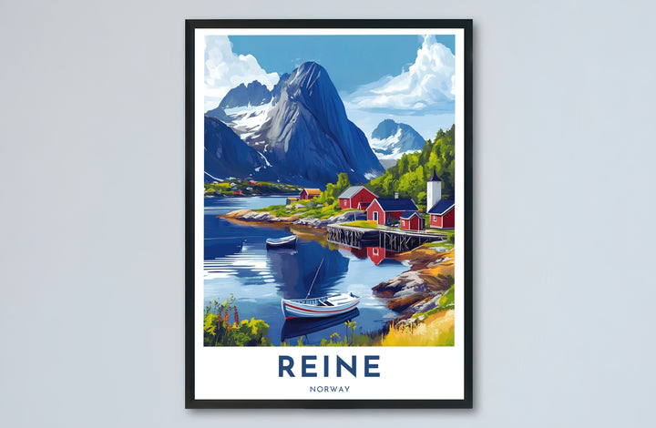 Picturesque poster of Reine in Lofoten Norway with wooden boats, red rorbuer huts, and dramatic alpine scenery reflected on calm water. Available from MapYourDreams, this fine print comes in sleek framed styles, archival unframed prints, and stretched canvas options.