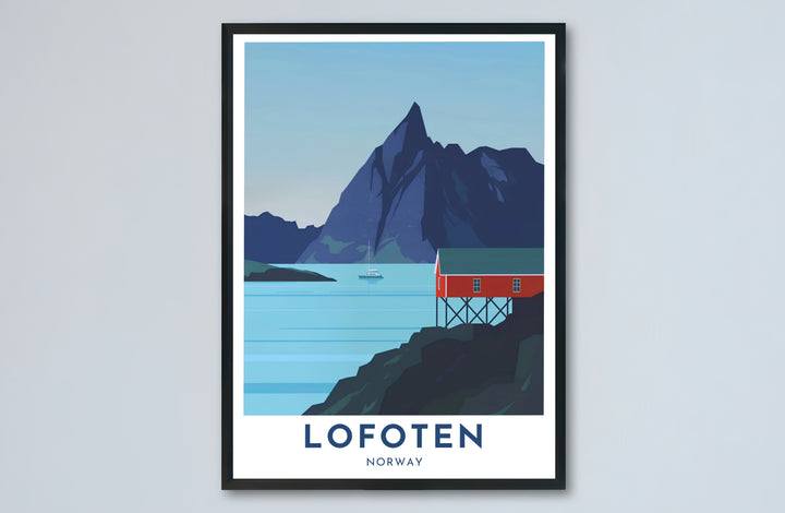 Minimalist poster of Lofoten in Norway with a solitary red cabin, quiet fjord waters, and a prominent mountain peak silhouette. Available from MapYourDreams, this fine print comes in sleek framed styles, archival unframed prints, and stretched canvas options.