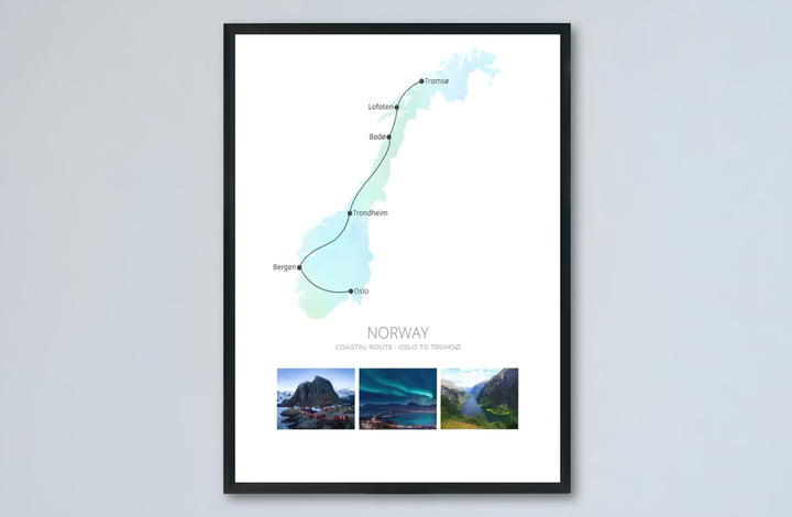 Minimalist coastal route poster of Norway connecting Oslo, Bergen, and Tromsø accompanied by vivid northern lights photography. Available from MapYourDreams, this fine print comes in sleek framed styles, archival unframed prints, and stretched canvas options.