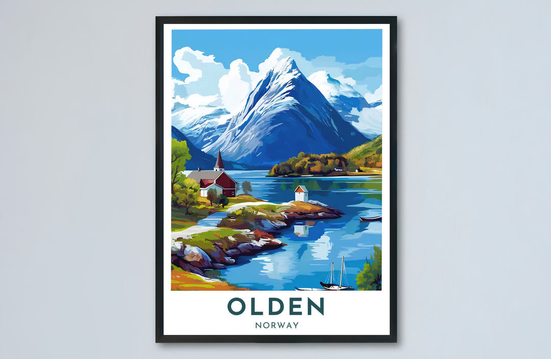 Picturesque illustration of Olden Norway showcasing Nordfjord lake scenery with sailboats resting along the quiet green shore. Designed for contemporary interiors, this piece is offered as an unframed paper poster, solid wood framed print, or gallery wrapped canvas wall decor.