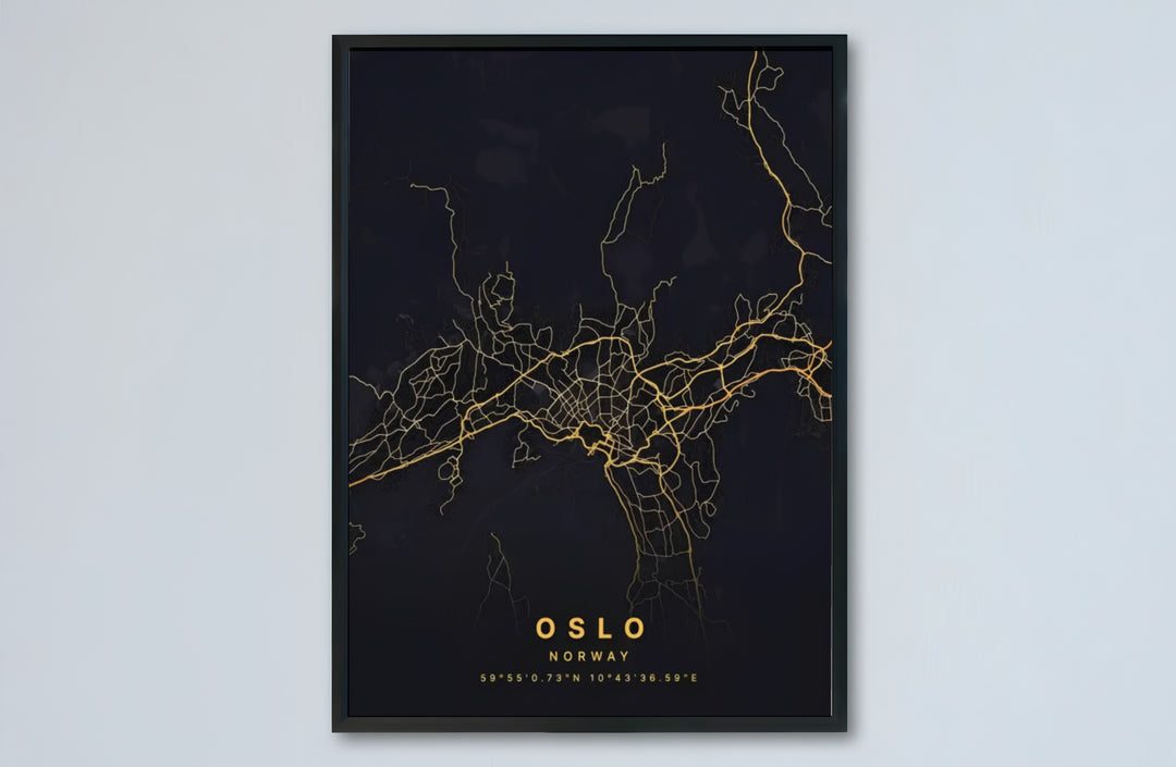 Metallic gold cartographic print of Oslo Norway displaying the city street network, water inlets, and district layout. Designed for contemporary interiors, this piece is offered as an unframed paper poster, solid wood framed print, or gallery wrapped canvas wall decor.