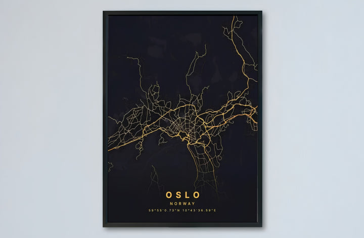 Metallic gold cartographic print of Oslo Norway displaying the city street network, water inlets, and district layout. Designed for contemporary interiors, this piece is offered as an unframed paper poster, solid wood framed print, or gallery wrapped canvas wall decor.