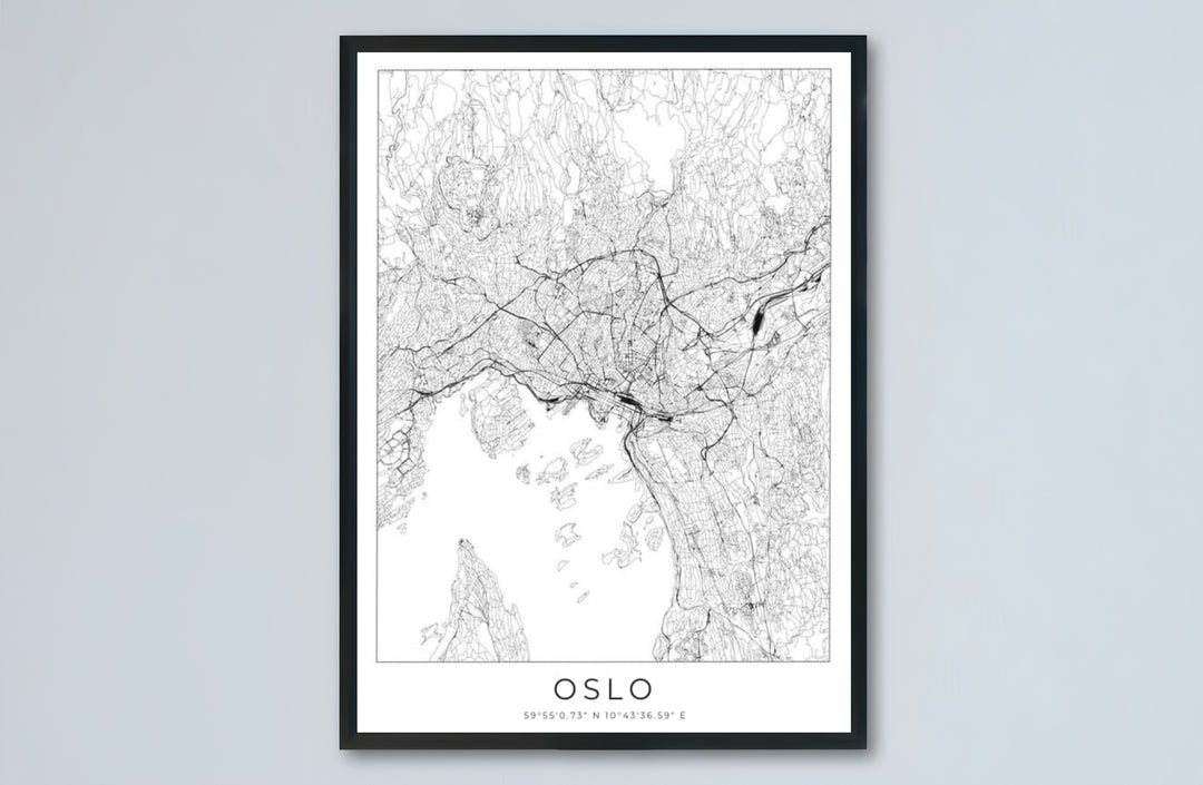 Minimalist monochrome cartographic print of Oslo Norway displaying the city street network, water inlets, and district layout. Designed for contemporary interiors, this piece is offered as an unframed paper poster, solid wood framed print, or gallery wrapped canvas wall decor.