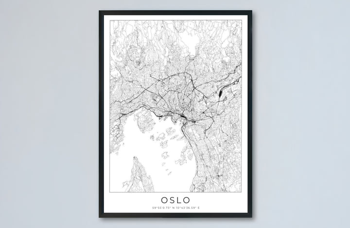 Minimalist monochrome cartographic print of Oslo Norway displaying the city street network, water inlets, and district layout. Designed for contemporary interiors, this piece is offered as an unframed paper poster, solid wood framed print, or gallery wrapped canvas wall decor.
