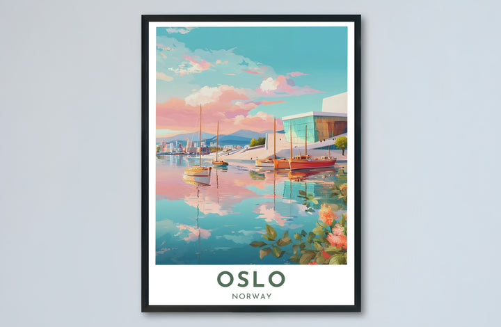 Inspiring pastel travel illustration of the Oslo Opera House in Norway featuring calm sea reflections and coastal mountain backdrops. Designed for contemporary interiors, this piece is offered as an unframed paper poster, solid wood framed print, or gallery wrapped canvas wall decor.