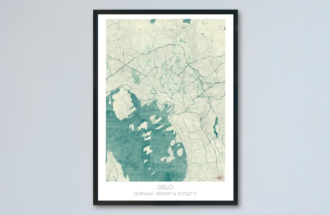 Nautical cartographic print of Oslo Norway displaying the city street network, water channels, and island topography in vintage blue tones. Designed for contemporary interiors, this piece is offered as an unframed paper poster, solid wood framed print, or gallery wrapped canvas wall decor.