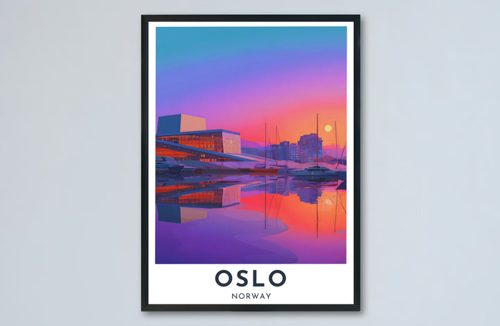 Bold contemporary travel print depicting the Oslo Opera House marina and waterfront architecture during a dramatic Norwegian sunset. Designed for contemporary interiors, this piece is offered as an unframed paper poster, solid wood framed print, or gallery wrapped canvas wall decor.